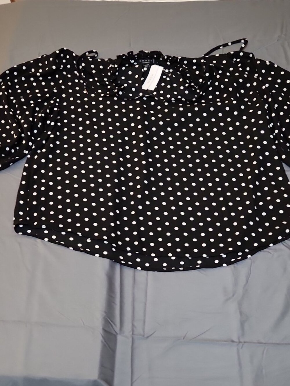 Grace NWT Plus 2X Black White Polka Dot Ruffle Chiffon Blouse